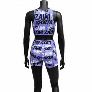 Ensemble short et haut pour femme en tissu extensible polyester élasthanne 220 GSM, violet, noir, blanc, avec logo imprimé par sublimation, ensemble short en coton pour femme - Product Image 2