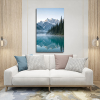 Peinture sur toile encadrée, paysage de montagne brumeuse, reflet du lac et des crêtes enneigées, art mural en bois, décoration pour salon et chambre, personnalisable
