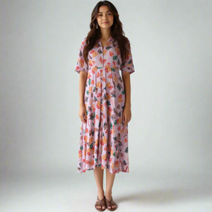 Casual Lady Midi <b>Dress</b> Butterfly Print Cotton Collar Cutout Decoration XS Size Breathable Knee-Length Dropped Natural for Day - Product Image 1