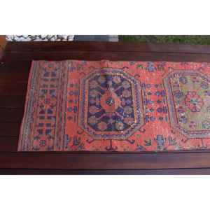 Turkish Vintage <b>Runner</b> Rug 2.1x11.1 ft, <b>Red</b> Blue Moroccan Rug - Product Image 4