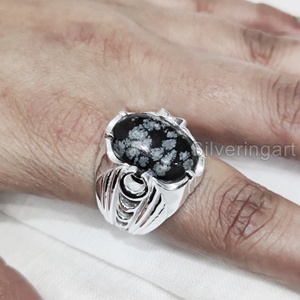 ขายส่งบุรุษแหวนมาใหม่เกล็ดหิมะธรรมชาติObsidianอัญมณีการออกแบบภาษาอาหรับFineงานแต่งงานเครื่องประดับแหวนเงิน 925 - Product Image 2
