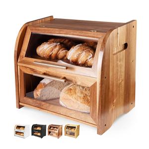 Boîte de rangement de pain en bois avec fenêtre transparente 2 couches grande capacité stockage de pain cuisine porte-pain auto-assemblage - Product Image 6