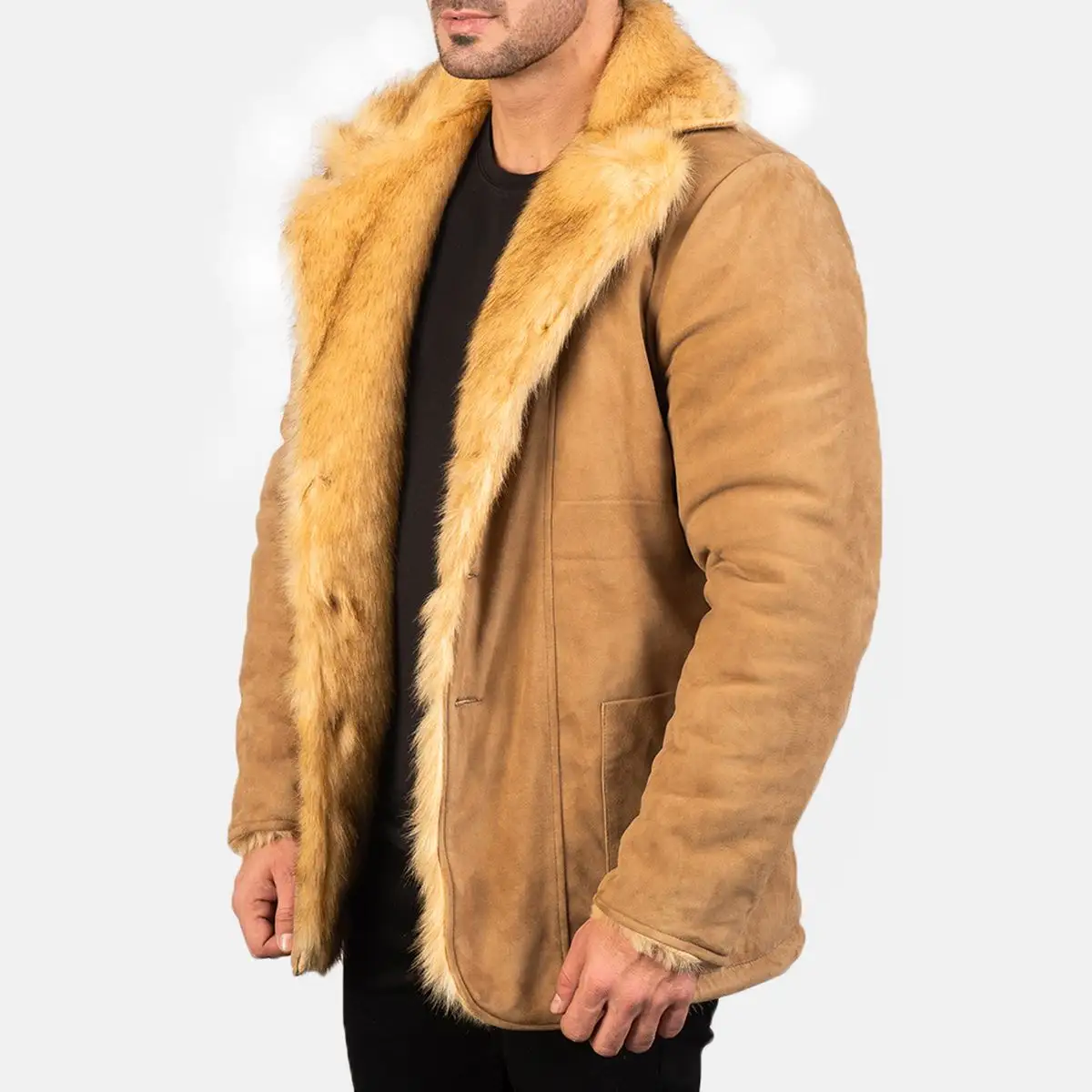 Orange with fully fur coats men leather jacket turn down collar 2 patch pockets button closure soft fur jackets