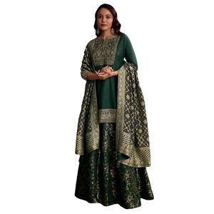 Traje Palazzo de seda verde con bordado pesado, venta al por mayor, Ropa Étnica OEM para mujer, proveedor a granel de fábrica, conjunto de moda personalizado - Product Image 3