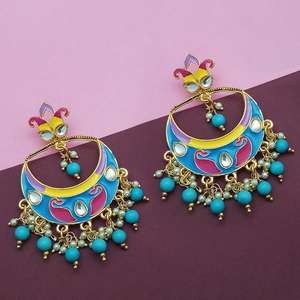 Kriaa Blue Meenakari & Beads Kundan Dangle Boucles d'oreilles Fine 1314214A Jewelry - Product Image 1