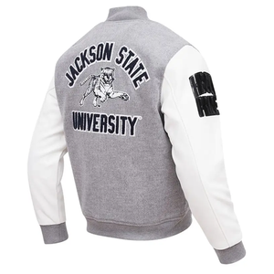 Chaquetas universitarias con logotipo personalizado, chaqueta de béisbol de manga larga con cuello levantado de algodón 100%, revestimiento de procesamiento teñido liso frontal - Product Image 5