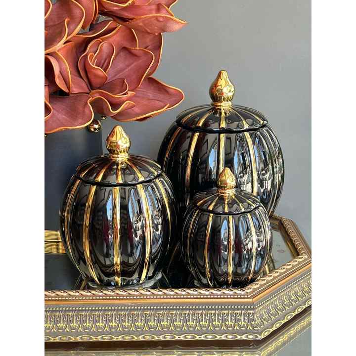Pumpkin Vacuum Jar with Lid Set of 3 Black Gold
