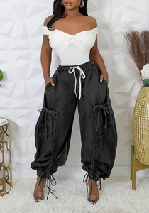 Colección primavera 2025, pantalones vaqueros holgados con revestimiento para mujer, pantalones acampanados elásticos de cintura alta con cordón y diseño transpirable - Product Image 2