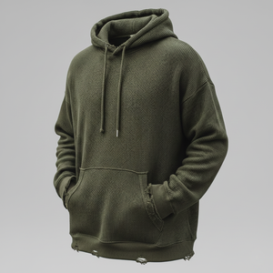 Sudadera con Capucha de Invierno para Hombre, Personalizada, de Felpa Verde Oliva de 360 g/m², Estilo Urbano Desgastado, Corte Regular, con Orificios para los Pulgares - Product Image 1