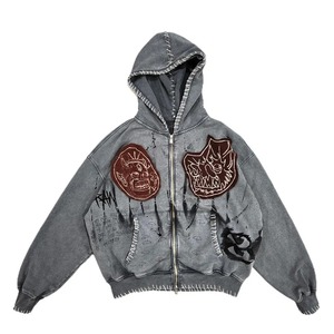 <b>Men</b> High Quality Thick Oversized Distressed French Terry Hoodies Custom Logo Cotton Heavyweight Unisex Acid Washed Hoodies - Product Image 4