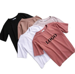 เสื้อยืดคอกลมสำหรับผู้หญิงเสื้อครอปคอกลมผ้าคอตตอนสำหรับฤดูร้อน - Product Image 1