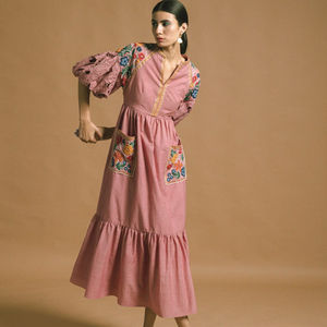 ชุดเดินชายหาดของผู้หญิงผ้าคอตตอนความยาวปานกลางแนววินเทจปักลายดอกไม้100% มีกระเป๋าสำหรับฤดูร้อน - Product Image 1