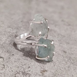 Exportation de bijoux en pierre brute bague pour femme aigue-marine naturelle pierre brute pierre de naissance de mars double pierre bague en argent sterling 925 - Product Image 1