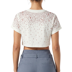 T-shirt court à strass pour femme, manches courtes, col rond, coupe décontractée, haut tendance décontracté, tissu doux, logo personnalisé, chemise pour femme - Product Image 2