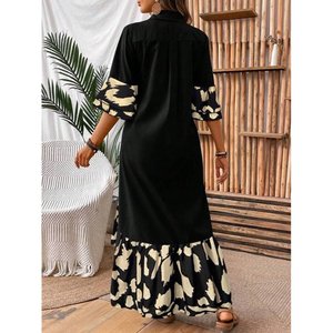 Robe longue Aerobin pour femme, à manches courtes, col et fermeture boutonnée, détail asymétrique sur le devant, 37418 - Noir - Product Image 2