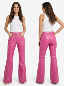 Fashionable Street wear Flared Leather <b>Trousers</b> Women Custom Calf Leather Pants Slim Fit Silk Lined Front Pockets Leather Pants - Product Image 3