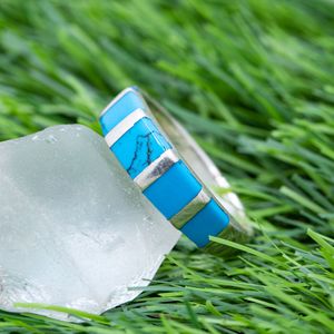 Vintage Turquoise Enamel Stripe Pattern Ring Handmade 925 Sterling <b>Silver</b> Ring Tribal Boho Hippie Ring - Product Image 5