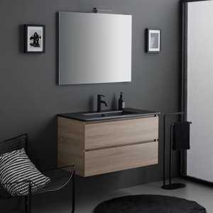 Mueble de Baño de 90 cm con 2 Cajones de Roble, Lavabo Negro, Espejo de 90x70 y Lámpara Belize, Conjunto de Baño Elegante - Product Image 1
