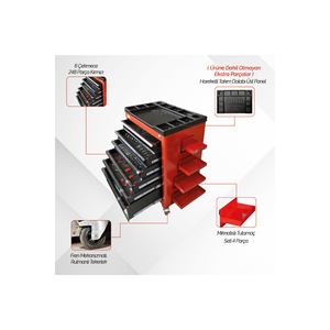 Movable Wheeled <b>Tool</b> <b>Cabinet</b> Cart 6 Lockable Drawers Pro Plus 248-Piece Set Red Metal - Product Image 1