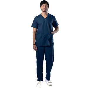 Men's Navy Blue Scrub <b>Set</b> Short Sleeve V-Neck Uniform Pants Hospital Workwear Cotton Polyester Woven Fabric - Product Image 1
