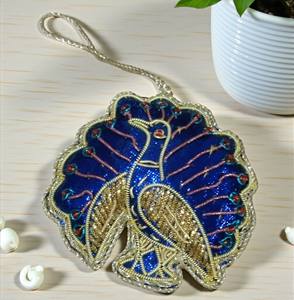 <b>Peacock</b> Zari Sari Hanging <b>Ornament</b> | Beaded Embroidery with Silk Fabric Thread | Ethnic Wall & Door Decoration for Events - Product Image 1
