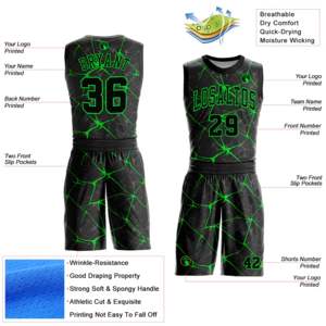 Uniforme personalizado de equipo de baloncesto, Camiseta de cuello verde neón con logotipo de equipo, serigrafía, conjuntos de talla grande disponibles - Product Image 6