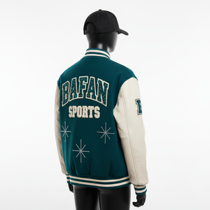 Chaqueta Universitaria para Mujer, Mezcla de Lana, Color Verde Azulado, Paneles de Manga Color Crema, Logotipo Personalizado Bordado, Parche de Chenilla, Chaquetas Universitarias para Mujer - Product Image 5