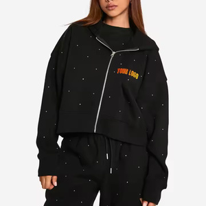 Vêtements de mode sweat à capuche pour femme 100% qualité supérieure hiver sweat à capuche zippé à capuche sur mesure sweat à capuche unisexe avec strass - Product Image 4