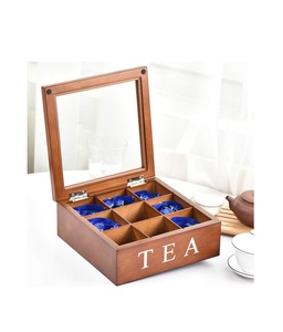 Caja de almacenamiento de té de madera, bolsita de té que almacena 9 compartimentos Caja de té de madera Tapa de vidrio con bisagras Organizador de té-Marrón - Product Image 1