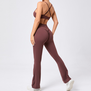 Women Stretchy Soft Quick Dry Twist Adjustable Scrunch Back Flare Pants and Bra Set - Product Image 2