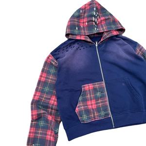 Nouveauté Pull en coton pour hommes Sweat-shirts personnalisés 100% patchwork Couleur contrastée Imprimé délavé au soleil Carreaux à carreaux Acid Washed Sweat-shirts pour hommes - Product Image 2