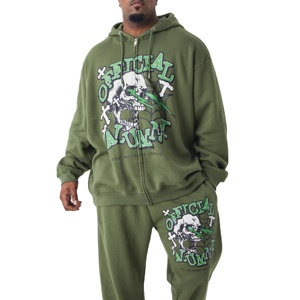 Conjunto de Sudadera con Capucha y Pantalones Deportivos Verde Oliva Personalizado, Estilo Urbano, para Hombre, Diseño Gráfico de Calavera Vintage Y2K, Felpa Gruesa, Dos Piezas - Product Image 1