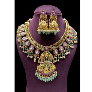 Conjunto de collar de diseñador con aspecto de piedras chapadas en oro de calidad superior étnica con pendientes para colección de ropa de boda para mujer - Product Image 1