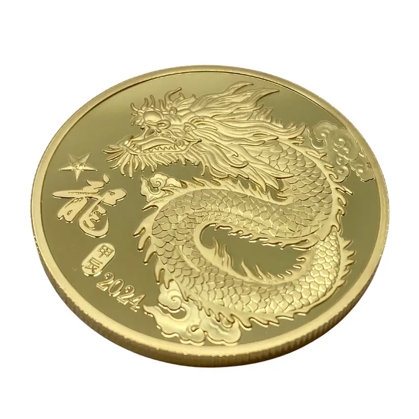 Logotipo 3D efecto espejo dragón chino moneda de la suerte fabricante de monedas personalizado