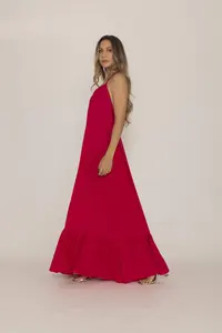 Attrayant vacances plage rouge sans manches vêtements femmes Boho col rond plaine dos nu longue Boho longue Maxi robe - Product Image 6