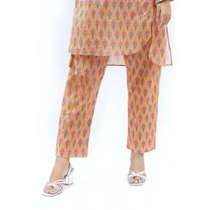 Pantalon décontracté imprimé en cambric orange pour femme, taille XL, en coton respirant, taille mi-haute, fermeture élastique, avec bande latérale décorative - Product Image 1