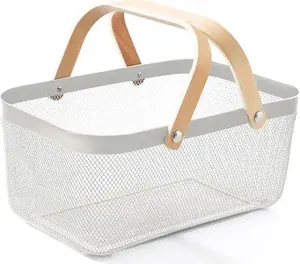 Organisateur de panier empilable en métal élégant avec poignée en bois pour les fruits et légumes de cuisine du fournisseur indien pour l'exportation en vrac - Product Image 1