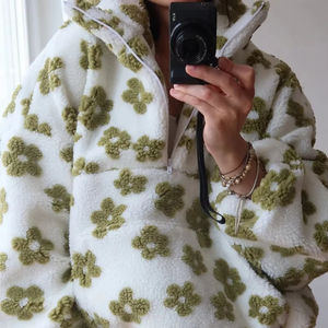 New Autumn Winter Women's Sherpa Floral Pullover Hoodies Half <b>Zip</b> Style Loose Fit Warm Stylish <b>Sweatshirt</b> - Product Image 1