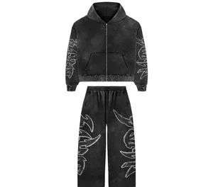 Fabricante personalizado de dos piezas Jogger pantalones de chándal Flare apilado Vintage totalmente DTF impreso hombres sudaderas con capucha personalizadas - Product Image 1