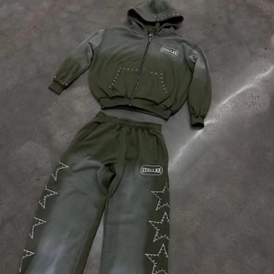 Conjunto de Sudadera con capucha de dos piezas de algodón 100% Vintage para hombre, pantalones de chándal de felpa francesa, lavado con ácido desteñido al sol con logotipo bordado en 3D - Product Image 2