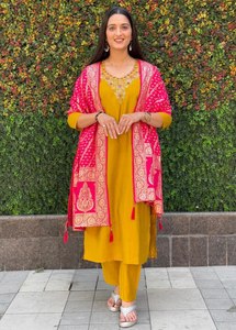 Haute sur demande à la mode excellente qualité couleur jaune pur fil de soie romain travail point Salwar costume avec ensemble Dupatta - Product Image 5
