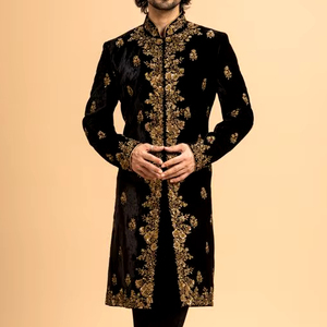 Elegant Golden-Zari Embroidery on Groom <b>Black</b> Sherwani <b>Pant</b> Silk Wedding Suit with Crystal Glass Beads and Dabka <b>Work</b> for 2024 - Product Image 1