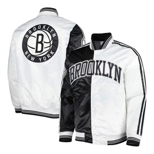 Chaqueta de baloncesto universitaria de satén personalizada, bombardero universitario de invierno con cuello levantado y bordado completo, diseño de letras a presión de seda de dos colores - Product Image 1