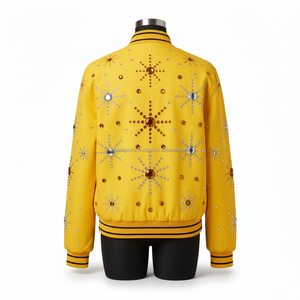 300 GSM, chaqueta Bomber para mujer, tela de algodón y poliéster amarillo, detalles de diamantes de imitación, bordado, logotipo personalizado, chaquetas Bomber para mujer - Product Image 2