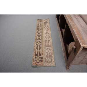 1.3x5.6 ft Turkish Runner Rug, <b>Brown</b> Blue Vintage Solid <b>Wool</b> Rug - Product Image 1