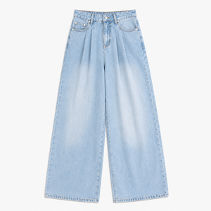 Jean en denim délavé taille haute pour femme, coupe ample, jambe large, longueur intégrale, en coton, décontracté, avec plis sur le devant, idéal pour le printemps, OEM ODM - Product Image 2