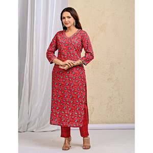 Ensemble décontracté kurta et pantalon en coton avec dupatta mulmul rouge imprimé à blocs, tenue traditionnelle indienne - Product Image 3
