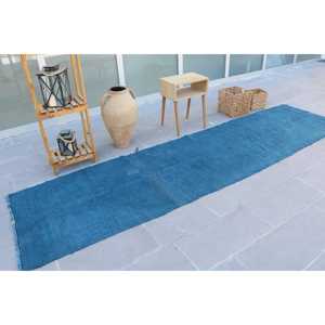Alfombra Vintage Estilo Runner de 3.1x11.6 pies (94x355 cm), Alfombra de Lana Turca Azul del Suroeste - Product Image 2
