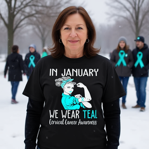 En enero, vistáse con una camiseta promocional color verde azulado para la concienciación sobre el cáncer de cervix. - Product Image 3