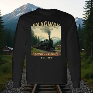 T-shirt promozionale a maniche lunghe Skagway Alaska Steam Train Gateway Klondike History - Product Image 3